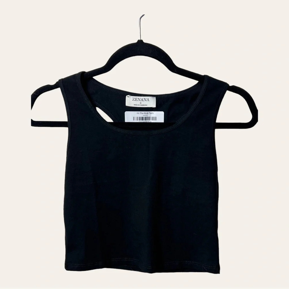 0483/0485. ZENANAβ RACERBACK CROP TOP LIGHTWEIGHT MATERIAL BLACK IN COLOR - Picture 2 of 7
